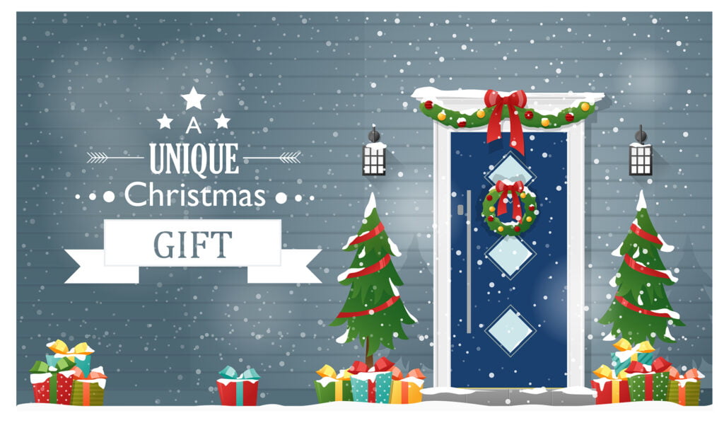 Merry Christmas and Happy New Year background with composite door door decorated for Christmas